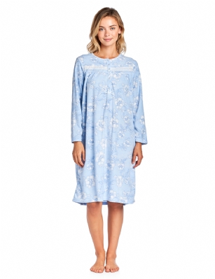 Casual Nights Women's Long Sleeve Micro Fleece Cozy Floral Night Gown - Blue - Hit the sack in total comfort with this Soft and lightweight Micro Fleece Gownin a funFloral patterns, Features7 Button closure,Long sleeves,detailed with lace Ribbonfor an extra feminine touch. A comfortable fit perfect for sleeping or lounging around.
