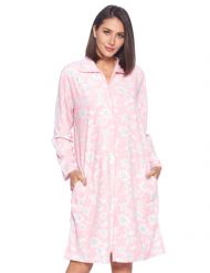 Casual Nights Women's Printed  Zipper Front Micro Fleece Robe Duster - Pink  Floral