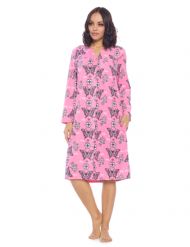 Casual Nights Women's Printed Fleece Snap-Front Lounger House Dress - #8 Fuschia Butterfly