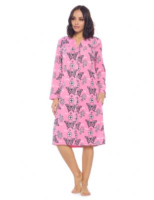 Casual Nights Women's Printed Fleece Snap-Front Lounger House Dress - #8 Fuschia Butterfly - Please use this size chart to determine which size will fit you best, if your measurements fall between two sizes we recommend ordering a larger size as most people prefer their sleepwear a little looser. Medium: Measures US Size 68, Chests/Bust 35-36" Large: Measures US Size 10-12, Chests/Bust 37-38" X-Large: Measures US Size 12-14, Chests/Bust 38.5-41" XX-Large: Measures US Size 16-18, Chests/Bust 41.5-44" XXX-Large: Measures US Size 18-20, Chests/Bust 44.5-46"This Long Sleeve Housecoat Duster from Casual Nights Lounge and Sleepwear Collection, designed in pretty prints 7 patterns. Features: 100% Polyester cozy Fleece constructions, V-neckline, Piping trim, 2 handy pockets, the perfect knee approx. 41 length, easy snap front closure sets this muumuu lounger apart from the rest, youll love slipping it on and feel comfortable to wear around the house as day dress or to sleep in.