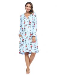 Casual Nights Women's Printed Fleece Snap-Front Lounger House Dress - #1 Light Blue Holiday Cat