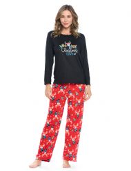 Casual Nights Women's Jersey Knit Long-Sleeve Top and Mircro Fleece Bottom Pajama Set - #1 Black Holiday Deer