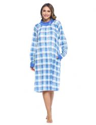 Casual Nights Women's Plaid Long Sleeve Zip Up Long Nightgown - Blue