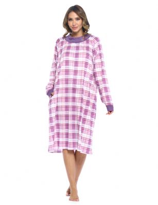 Casual Nights Women's Plaid Long Sleeve Zip Up Long Nightgown - Purple - Casual Nights Cotton Knit Lounger Robe is warm and comfy, made out of a lightweight soft 55% Cotton/ 45% Polyester breathable fabric that's cozy, non- irritating and feels great on skin. Night dress features: Long sleeve, round neck with flower embroidery detail, easy zippper front closure,  side seam pockets, mid calf length approx. 42" inches. A comfortable loose fit style perfect to lounge around the house, relax in, or for sleeping. Order a size up for more roominess. 
