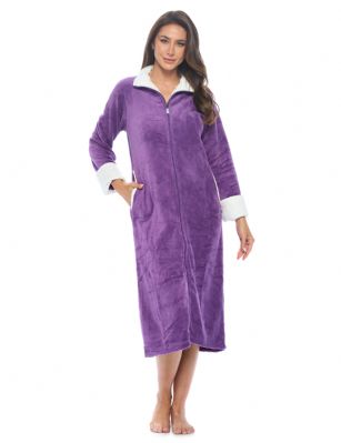 Casual Nights Women's Zip Front Plush Fleece Robe - Grape - Zip up and Wrap around in total comfort with this Plush Women's Zip Up Fleece Robe, Exceptionally lightweight. Featuring Contrasting white Cuffs and neckline, Long sleeves and 2 hand Pockets. Full length zipper makes it Effortless getting it on and off Design perfect for Lounging and Relaxing it Total Comfort.