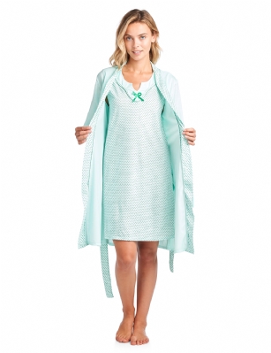 Casual Nights Women's Sleepwear 2 Piece Nightgown and Robe Set - Green - Size Recommendations: Medium (6-8) Large (10-12) X-Large (14-16) XX-Large (18-20), Order size up for more a relaxed fit. Settle in for a quiet evening at home with this soft and cozy Sleepwear Night Gown and Robe Set for Women. it's made from a super comfortable cotton blend knit fabric. Sleeveless chemise nightshirt measures approx. 36" in, different neck styles offered. Coordinating Wrap Kimono Robefeatures matching self-tie belt, attached inner tie, side seem pockets, 3/4 sleeves with roomy armholes, approx. 38" in length. perfect for Lounging, Relaxing or just layering on. See the variety of beautiful prints and colors, styled with ruffles, lace, pipping, or bow. Choose the set you love most! 