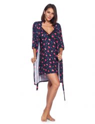 Casual Nights Women's Sleepwear 2 Piece Rayon Nightgown and Robe Set - Navy Pink Strawberry