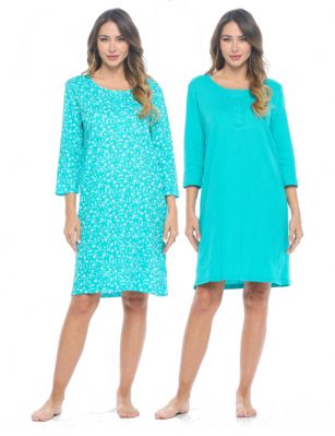 Casual Nights Women's Henley Nightshirts Set of 2, Floral 3/4 Sleeve Nightgowns & Solid Sleepwear Shirt - Mint - This softest lightweight and comfortable 3/4 Sleeve Long Nightgown for ladies from the Casual Nights Loungewear and Sleepwear robes Collection,  in beautiful feminine Bright Solid & floral print pattern design. this easy to wear Pullover Nightdress is made of 100% Cotton Knit material,  This Convenient 2-pack set  sleep dress Features: Henley-Style with a scoop neckline, 5 Button placket, elbow-length sleeves. Mid calf length approx. 38-39 Shoulder to hem. This lounge wear muumuu dress has a relaxed comfortable fit and comes in regular and plus sizes  M, L, XL, 2X, All year winter and summer versatile multi uses, wear around to bed as Pj's or lounging the house as relaxed home day waltz dress, a sleepshirt dress, Our sleep robe gowns is perfect to use for maternity, labor/delivery, hospital gown. Makes a perfect Mothers Day gift for your loved ones, mom, older women or elderly grandmother. Even beautiful and comfortable enough for everyday use around the house.  Please use our size chart to determine which size will fit you best, if your measurements fall between two sizes, we recommend ordering a larger size as most people prefer their sleepwear a little looser. Medium: Measures US Size 6-8 -, Chests/Bust 35"-36" Large: Measures US Size 10-12, Chests/Bust 37-38" X-Large: Measures US Size 14-16, Chests/Bust 38.5-40" XX-Large: Measures US Size 18-20, Chests/Bust 41.5-43"