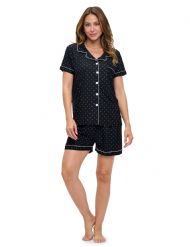 Casual Nights Women's Super Soft Pajamas Set, Short Sleeve Button Down Shirt with Pants PJ Shorts Set with Pockets - Black Pink Dots