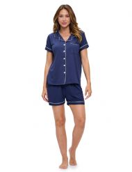 Casual Nights Women's Super Soft Pajamas Set, Short Sleeve Button Down Shirt with Pants PJ Shorts Set with Pockets - Navy/Pink