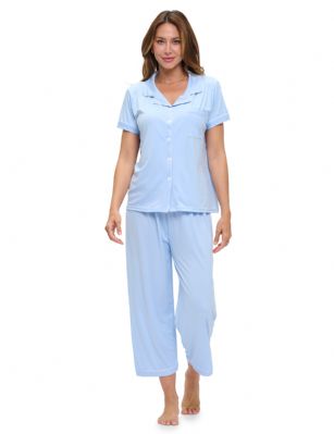 Casual Nights Women's Rayon Printed Short Sleeve Capri Pajama Set - Sky Blue - Soft and lightweight Rayon Knit Pajamas in a fun prints and patterns, coziest pajamas you'll ever own. Features Button down closure with notch collar, matching easy pull on pajama pants with elastic waistband for added comfort, These pj's offer comfortable straight fit perfect for sleeping or curling up on the couch to watch a movie.Please use our size chart to determine which size will fit you best, if your measurements fall between two sizes we recommend ordering a larger size as most people prefer their sleepwear a little looser.Medium: Measures US Size 2-4, Chests/Bust 32"-34" Large: Measures US Size 4-6, Chests/Bust 34-35" X-Large: Measures US Size 8-10, Chests/Bust 35-36" XX-Large: Measures US Size 10-12, Chests/Bust 37"-38.5" 