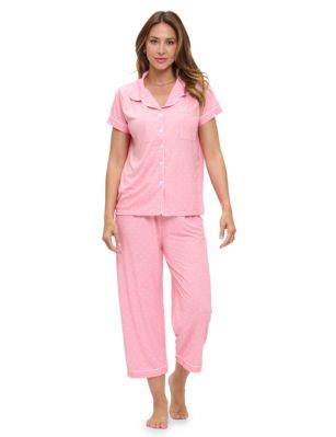 Casual Nights Women's Rayon Printed Short Sleeve Capri Pajama Set - Pink Dots - Soft and lightweight Rayon Knit Pajamas in a fun prints and patterns, coziest pajamas you'll ever own. Features Button down closure with notch collar, matching easy pull on pajama pants with elastic waistband for added comfort, These pj's offer comfortable straight fit perfect for sleeping or curling up on the couch to watch a movie.Please use our size chart to determine which size will fit you best, if your measurements fall between two sizes we recommend ordering a larger size as most people prefer their sleepwear a little looser.Medium: Measures US Size 2-4, Chests/Bust 32"-34" Large: Measures US Size 4-6, Chests/Bust 34-35" X-Large: Measures US Size 8-10, Chests/Bust 35-36" XX-Large: Measures US Size 10-12, Chests/Bust 37"-38.5" 