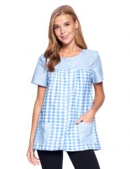 Casual Nights Women's Snap Front Smock Cobbler Woven Scrub Apron Top with Pockets - Blue Plaid