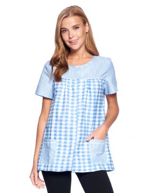 Casual Nights Women's Snap Front Smock Cobbler Woven Scrub Apron Top with Pockets - Blue Plaid - This lightweight Cute and comfortable House Smock with Snaps front closure Cobbler Aprons for ladies from the Casual Nights Loungewear robes and Sleepwear Collection, Thin and light house top, in beautiful feminine floral print pattern designs. this easy to wear smock blouses is made of 55% Cotton, 45% Poly woven fabric, perfect for spring, summer and all year round! The lounger top Features: short sleeves shirt with full button Snaps front closure for easy wearing and easy slipping on/off, flattering round neck with scalloped trim at yolk, 2 roomy front patch hand pockets, length measures approx. 28. This house apron cobbler has a relaxed comfortable fit and comes in regular and plus sizes S, M, L, XL, 2X, 3X, 4X. All year winter and summer versatile multi uses, throw over your clothes as house robe cobbler while cleaning, washing and cooking to protect from dirt and hold your essentials, wear around the house as relaxed home day shirt, a pajama top to sleep in the spring and hot summer nights as a sleepshirt, Our cobbler scrubs is perfect to use for maternity, labor/delivery, nurse hospital scrub gown. Makes a perfect Mothers Day gift for your loved ones, mom, housekeeper, seamstress, older women or elderly grandmother. Even beautiful enough for outside shopping and walking, comfortable enough for everyday while keeping your clothes clean and fresh! Please use our size chart to determine which size will fit you best, if your measurements fall between two sizes, we recommend ordering a larger size as most people prefer their sleepwear a little looser. Small: Measures US Size 4-6, Chests/Bust 34"-35" Medium: Measures US Size 8-10, Chests/Bust 36"-37" Large: Measures US Size 1214, Chests/Bust 38"-40" X-Large: Measures US Size 16-18, Chests/Bust 41"-43" XX-Large: Measures US Size 18W-20W, Chests/Bust 46-48" 3X-Large: Measures US Size 22W-24W, Chests/Bust 50-52" 4X-Large: Measures US Size 26-28, Chests/Bust 54-56" 