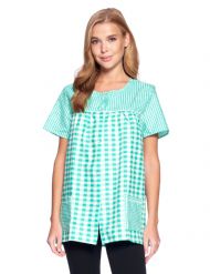 Casual Nights Women's Snap Front Smock Cobbler Woven Scrub Apron Top with Pockets - Mint Plaid