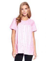 Casual Nights Women's Snap Front Smock Cobbler Woven Scrub Apron Top with Pockets - Pink Plaid