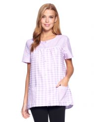 Casual Nights Women's Snap Front Smock Cobbler Woven Scrub Apron Top with Pockets - Purple Plaid