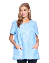 Casual Nights Women's Snap Front Smock Cobbler Woven Scrub Apron Top with Pockets - Blue Floral