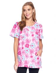 Casual Nights Women's Snap Front Smock Cobbler Woven Scrub Apron Top with Pockets - Pink Floral