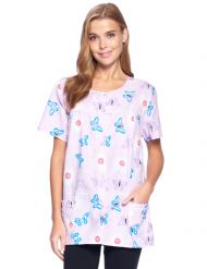 Casual Nights Women's Snap Front Smock Cobbler Woven Scrub Apron Top with Pockets - Butterfly Lilac Purple