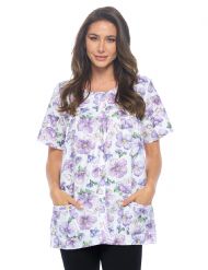 Casual Nights Women's Snap Front Smock Cobbler Woven Scrub Apron Top with Pockets - Purple Butterfly