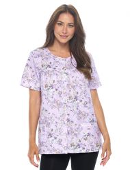 Casual Nights Women's Snap Front Smock Cobbler Woven Scrub Apron Top with Pockets - Purple Floral