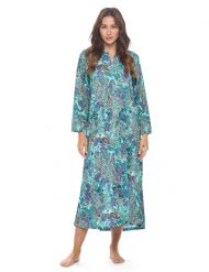 Casual Nights Women's Zip-Front Lounger Robe Long Duster Housecoat with Pockets - Green Paisley