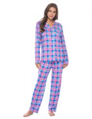 Casual Nights Womens Rayon Printed Long Sleeve Soft Pajama Set - Royal Blue Plaid