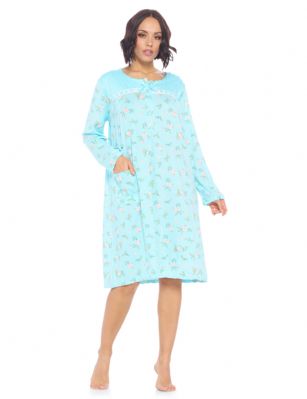 Casual Nights Women's Printed Long Sleeve Nightgown - Aqua - Size recommendation: Size Medium (4-6) Large (8-10) X-Large (12-14) XX-Large (16-18), Order one size up For a more Relaxed FitThis lightweight and comfortable Long Sleeve Nightgown Sleepdress for ladies from the Casual Nights Loungewear and Sleepwear robes Collection, in beautiful feminine floral & Butterflies print pattern design. this easy to wear Pullover Nightdress is made of 55% Cotton/45% Poly fabric, The sleep dress Features: Long sleeves with ruffled cuffs, fancy lace detail at neck, 2 button closer with satin bow ribbon. short knee length approx. 38-40 Shoulder to hem. This lounge wear muumuu dress has a relaxed comfortable fit and comes in regular and plus sizes S, M, L, XL, 2X, 3X, 4X. All year winter and summer versatile multi uses, wear around the house as relaxed home day waltz dress, a sleepshirt dress, Our sleep robe gowns is perfect to use for maternity, labor/delivery, hospital gown. Makes a perfect Mothers Day gift for your loved ones, mom, older women or elderly grandmother. Even beautiful and comfortable enough for everyday use around the house. Please use our size chart to determine which size will fit you best, if your measurements fall between two sizes, we recommend ordering a larger size as most people prefer their sleepwear a little looser.