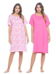 Casual Nights Women's Henley Nightshirts Set of 2, Floral Short Sleeve Nightgowns & Solid Sleepwear Shirt - Fuchsia