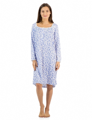 Casual Nights Women's Square Neck Long Sleeve Floral Nightgown - Blue - Size recommendation: Size Medium (4-6) Large (8-10) X-Large (12-14) XX-Large (16-18), Order one size up For a more Relaxed FitHit the sack in total comfort with this Soft and lightweight Cotton Blend Nightgown, Features square neck, Approximately 38" inches from shoulder to hem, long sleeves, 5 button closure, detailed with lace, satin ribbon, pin-tucked detail for an extra feminine touch. A comfortable fit perfect for sleeping or lounging around.