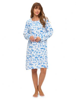 Casual Nights Women's Flannel Floral Long Sleeve Nightgown - Leaf Blue - Please use our size chart to determine which size will fit you best, if your measurements fall between two sizes we recommend ordering a larger size as most people prefer their sleepwear a little looser. Medium: Measures US Size 68, Chests/Bust 35-36" Large: Measures US Size 8-10, Chests/Bust 37-38" X-Large: Measures US Size 12-14, Chests/Bust 39-40" XX-Large: Measures US Size 16, Chests/Bust 41-42" 3X-Large: Measures US Size 18, Chests/Bust 42-44" Hit the sack in total comfort with this Soft and lightweight Cotton Flannel Nightgown, Features Round neck, Approximately 38" from shoulder to hem, long sleeves, 6 button closure, detailed with lace and Stitching for an extra feminine touch. A comfortable fit perfect for sleeping or lounging around. 