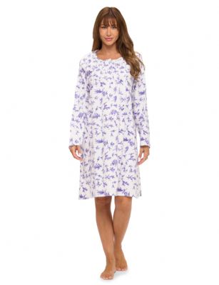 Casual Nights Women's Flannel Floral Long Sleeve Nightgown - Leaf Purple - Please use our size chart to determine which size will fit you best, if your measurements fall between two sizes we recommend ordering a larger size as most people prefer their sleepwear a little looser. Medium: Measures US Size 68, Chests/Bust 35-36" Large: Measures US Size 8-10, Chests/Bust 37-38" X-Large: Measures US Size 12-14, Chests/Bust 39-40" XX-Large: Measures US Size 16, Chests/Bust 41-42" 3X-Large: Measures US Size 18, Chests/Bust 42-44" Hit the sack in total comfort with this Soft and lightweight Cotton Flannel Nightgown, Features Round neck, Approximately 38" from shoulder to hem, long sleeves, 6 button closure, detailed with lace and Stitching for an extra feminine touch. A comfortable fit perfect for sleeping or lounging around. 