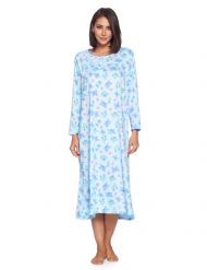 Casual Nights Women's Long Floral & Lace Henley Nightgown - Blue