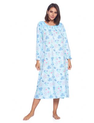 Casual Nights Women's Long Floral & Lace Henley Nightgown - Blue - This lightweight and comfortable Long Sleeve Nightgown for ladies from the Casual Nights Loungewear and Sleepwear robes Collection,  in beautiful feminine floral print pattern design. this easy to wear Pullover Nightdress is made of 55% Cotton/45% Poly fabric,  The sleep dress Features: Long sleeves with ruffled cuffs, fancy lace detail at neck, 2 button closer with satin bow ribbon. Mid calf length approx. 50 Shoulder to hem. This lounge wear muumuu dress has a relaxed comfortable fit and comes in regular and plus sizes S, M, L, XL, 2X, 3X, 4X. All year winter and summer versatile multi uses, wear around the house as relaxed home day waltz dress, a sleepshirt dress, Our sleep robe gowns is perfect to use for maternity, labor/delivery, hospital gown. Makes a perfect Mothers Day gift for your loved ones, mom, older women or elderly grandmother. Even beautiful and comfortable enough for everyday use around the house.  Please use our size chart to determine which size will fit you best, if your measurements fall between two sizes, we recommend ordering a larger size as most people prefer their sleepwear a little looser. <