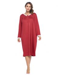 Casual Nights Women's Long Knitted & Lace Henley Nightgown - Red