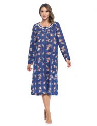 Casual Nights Women's Long Floral & Lace Henley Nightgown - Navy Floral