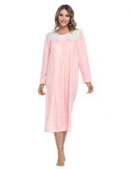 Casual Nights Women's Long Cotton Knitted & Lace Henley Nightgown - Peach