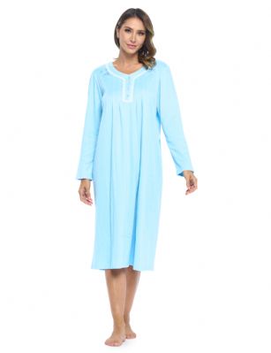 Casual Nights Women's Long Knitted & Lace Henley Nightgown - Blue LA676BL