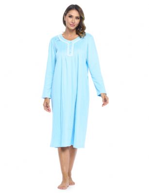 Casual Nights Women's Long Knitted & Lace Henley Nightgown - Blue