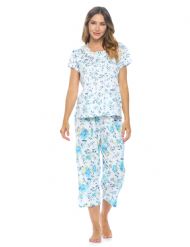 Casual Nights Women's Short Sleeve Embroidered Floral Capri Pajama Set - Blue