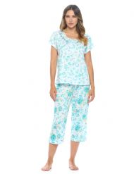 Casual Nights Women's Short Sleeve Embroidered Floral Capri Pajama Set - Green