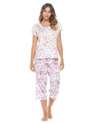 Casual Nights Women's Short Sleeve Embroidered Floral Capri Pajama Set - Purple