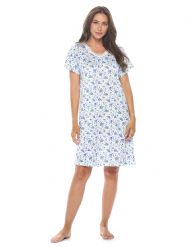 Casual Nights Women's Super Soft Yummy Nightshirt, Short Sleeve Nightgown, Night Dress with Fun Prints & Patterns - Blue Flowers