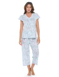 Casual Nights Pajama Sets for Women 2 piece,  Summer Pajamas for Womens Capri Pjs Set with Pockets - Mint Blue Paisley