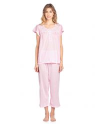 Casual Nights Women's Short Sleeve Lace Dot Capri Pajama Set - Pink