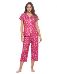 Casual Nights Women's Rayon Printed Short Sleeve Capri Pajama Set - Wine