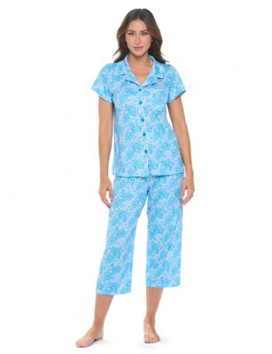 Casual Nights Women's Rayon Printed Short Sleeve Capri Pajama Set - Blue Paisley - Soft and lightweight Rayon Knit Pajamas in a fun prints and patterns, coziest pajamas you'll ever own. Features Button down closure with notch collar, matching easy pull on pajama pants with elastic waistband for added comfort, These pj's offer comfortable straight fit perfect for sleeping or curling up on the couch to watch a movie.Please use our size chart to determine which size will fit you best, if your measurements fall between two sizes we recommend ordering a larger size as most people prefer their sleepwear a little looser.Medium: Measures US Size 2-4, Chests/Bust 32"-34" Large: Measures US Size 4-6, Chests/Bust 34-35" X-Large: Measures US Size 8-10, Chests/Bust 35-36" XX-Large: Measures US Size 10-12, Chests/Bust 37"-38.5" 