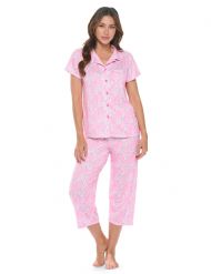 Casual Nights Women's Rayon Printed Short Sleeve Capri Pajama Set - Pink Paisley