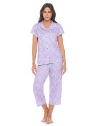 Casual Nights Women's Rayon Printed Short Sleeve Capri Pajama Set - Purple Paisley